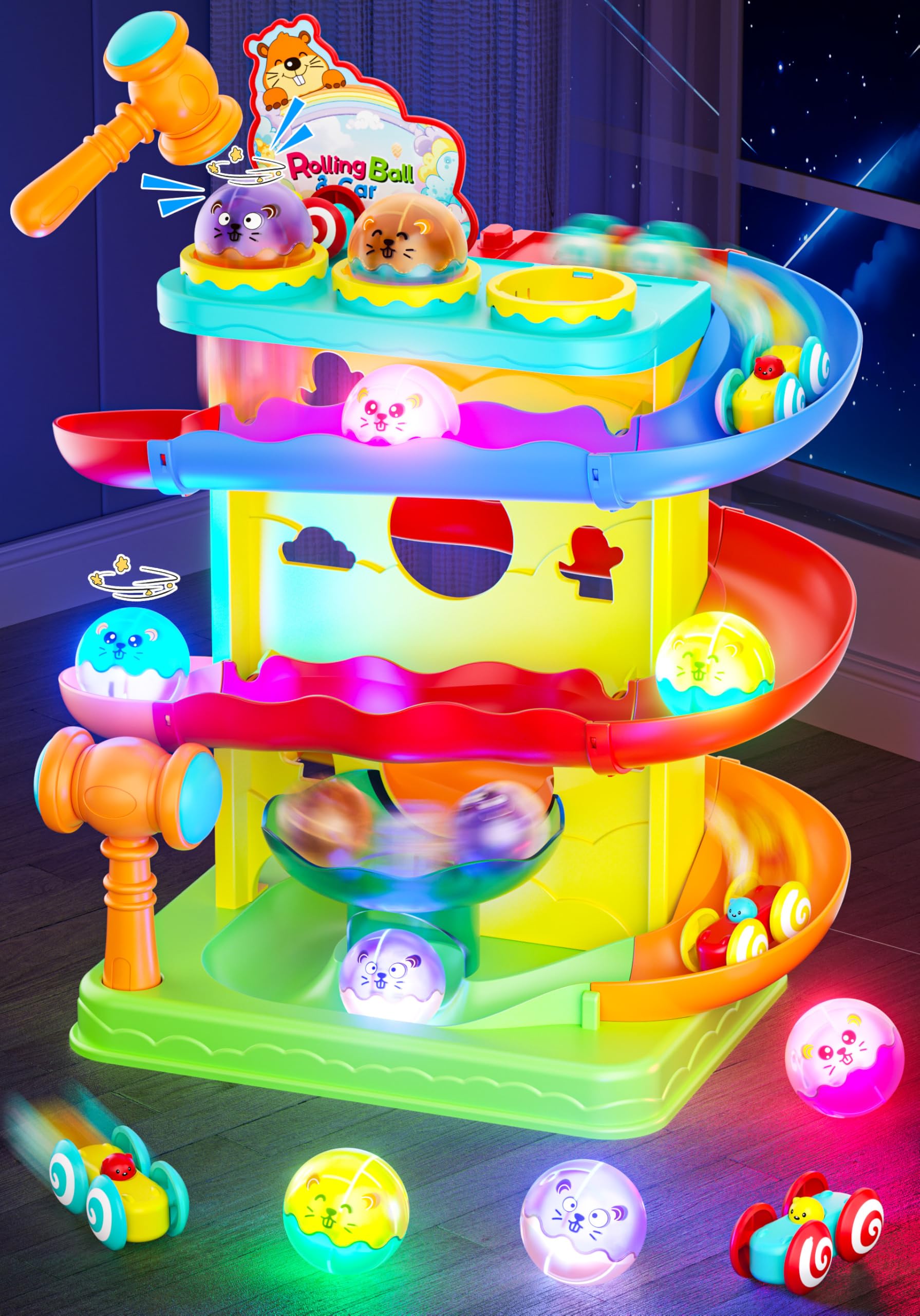 Photo 1 of ***MISSING BALLS/HAMMER***
Funwee 2-in-1 Rolling Ball & Racing Car Ramp Toy for Toddlers, Race Track Hammer Lights Ball Drop, Interactive Montessori Learning Game Birthday Gift Idea for Kids 2 3 4 5+Year Old Girl Boy(Yellow)