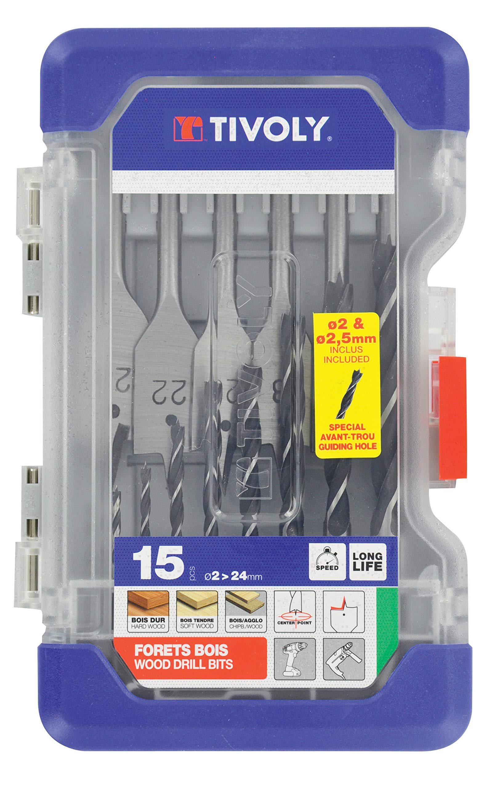 TIVOLY Ranger 10802470001 Case T15 Contains 3 Tips Wood Drill Bit Diameter 2-2,5-3-4-5-6-7-8-10 mm, Flat Drill Bit Diameter 14-16-18-20-22-24 mm