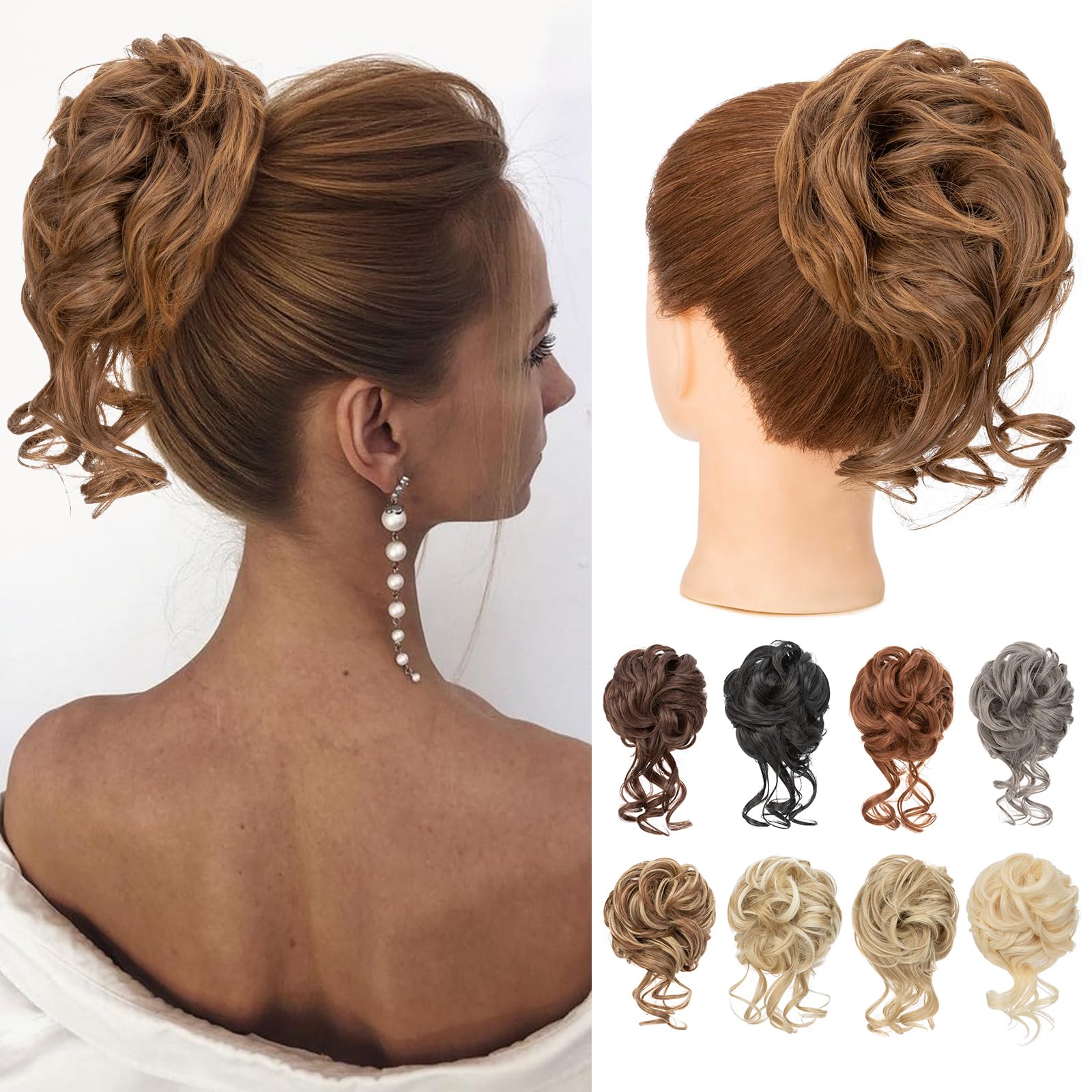 Benehair Messy Bun Hair Piece Wavy Curly Claw Clip Hair Bun Extensions Synthetic Hair Bun Donut Accessories Scrunchies Hair Pieces for Women(Dark Brown mix Middle Brown, 75g)