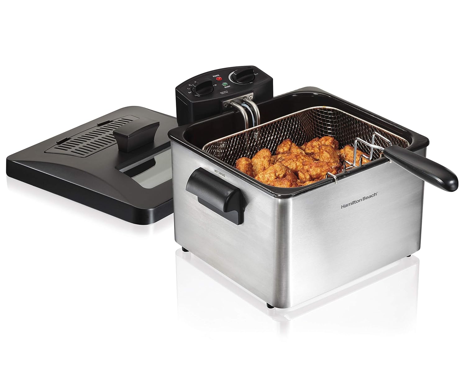 Hamilton Beach 35034 Triple Basket Professional-Style 12 Cup Food Capacity Deep Fryer, 4.5 Liters and 1800 Watts, Stainless Steel (Renewed)