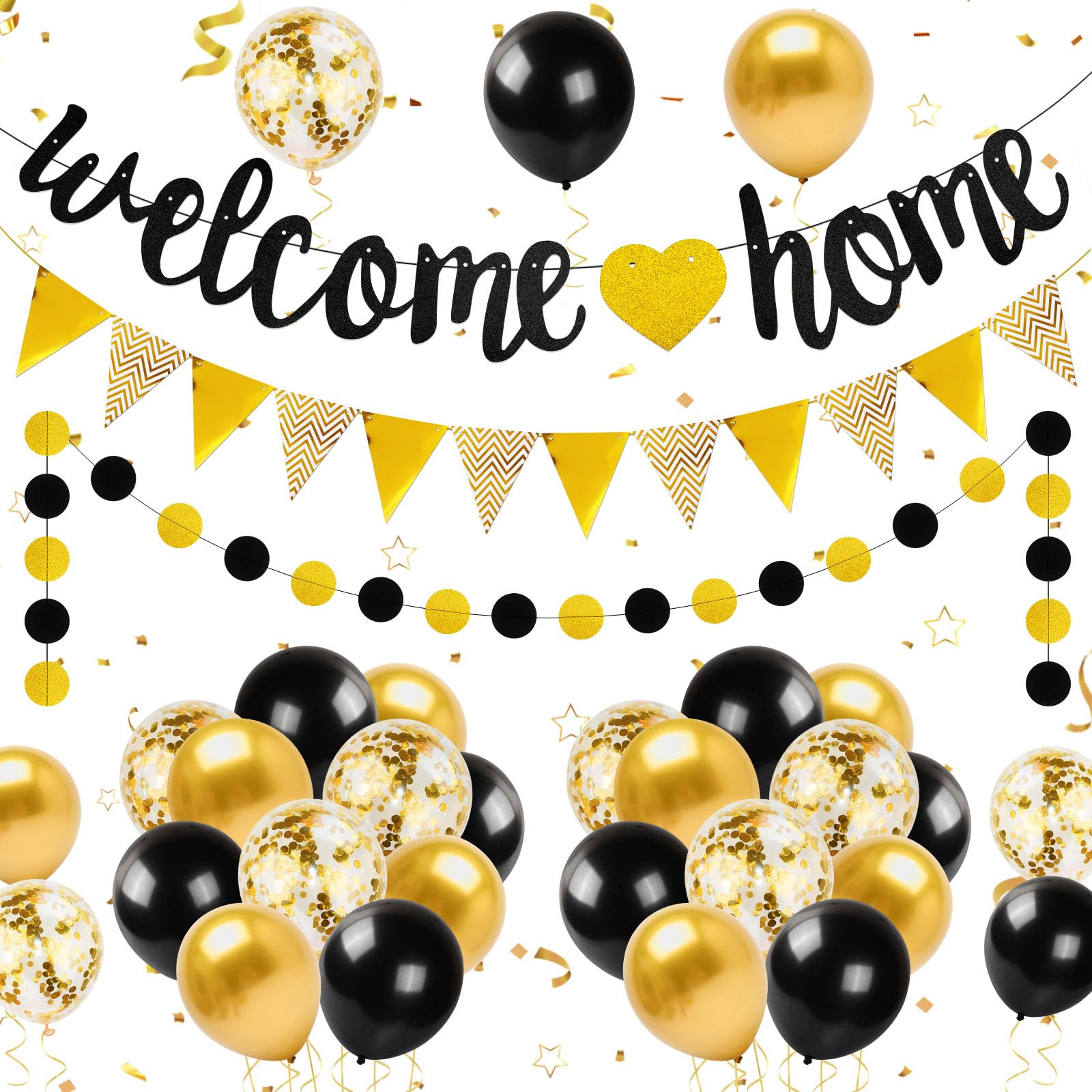 Yueshop Welcome Home Decoration Set - Black and Gold Banner With Sequin and Latex Balloons, Pennant Flag Bunting for Baby Shower Party Supplies