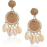 JeanBeau Boho Raffia Shell Dangle Statement earrings for Women Teen Large Handmade Bohemian Colorful Rattan Straw Wrap Round Drop Cowrie Seashell Dangling Summer Beach Tropical Accessories Jewelry Gift
