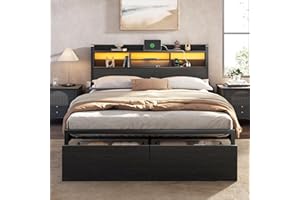 Furnulem Full Size Bed Frame with Wood Headboard, Metal Platform Bed Frame Full Size with 2 Storage Drawers and Shelf, LED Lights and Charging Station, No Box Spring Needed, Noise Free, Black