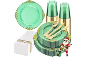 Hioasis 175pcs Clear Green Plastic Plates - Elegant Disposable Dinnerware Set Suitable for 25 Guests Include 10.25" Dinner & 7.5" Dessert Plates, Cutlery, Napkins, Cups for Party & Wedding