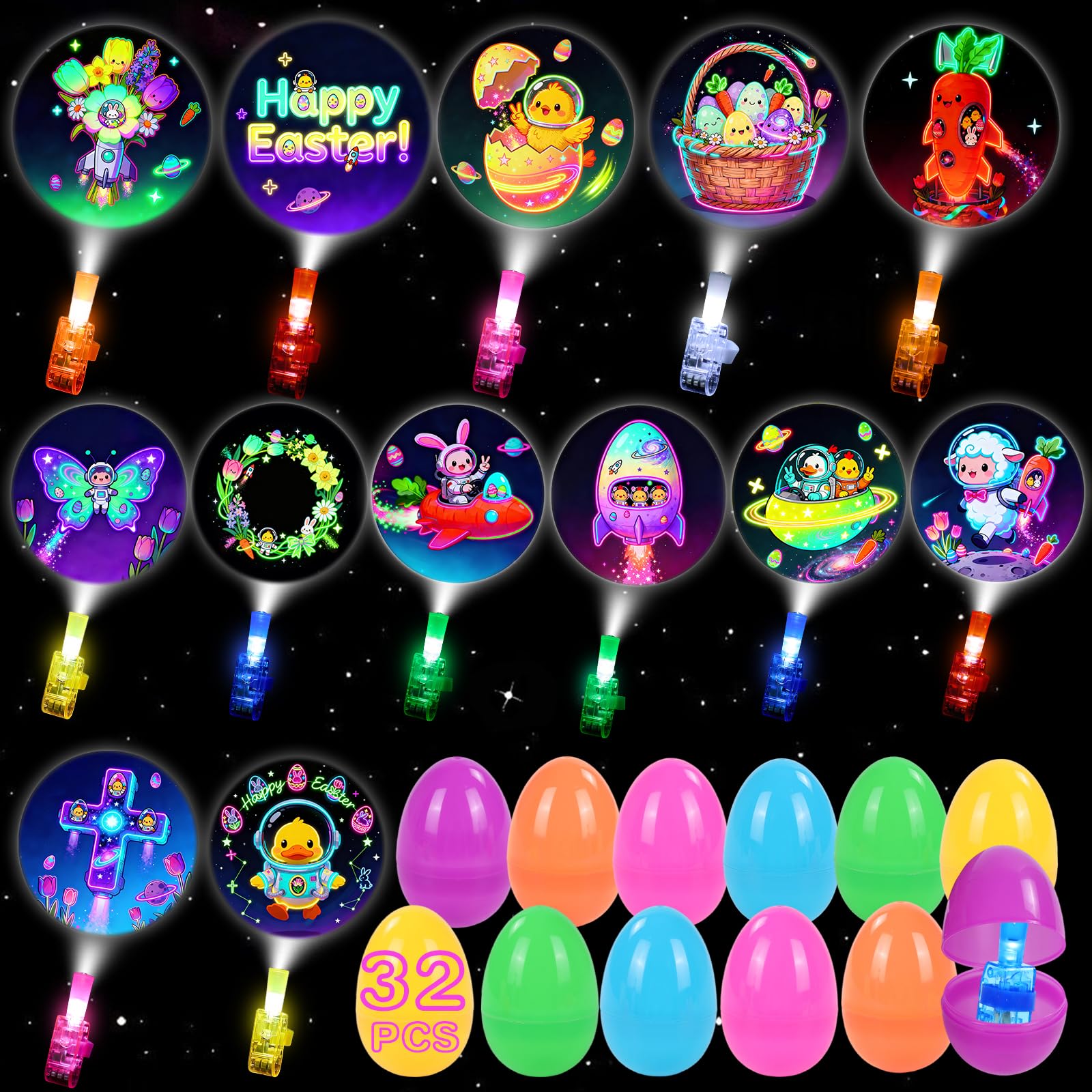 YUGYNNSI Prefilled Easter Eggs Finger Lights for Kid: 32 Pack Easter Basket Stuffers Glow Egg Fillers Toys Bulk for Boys Girls Toddler Egg Hunt Party Favors Gifts