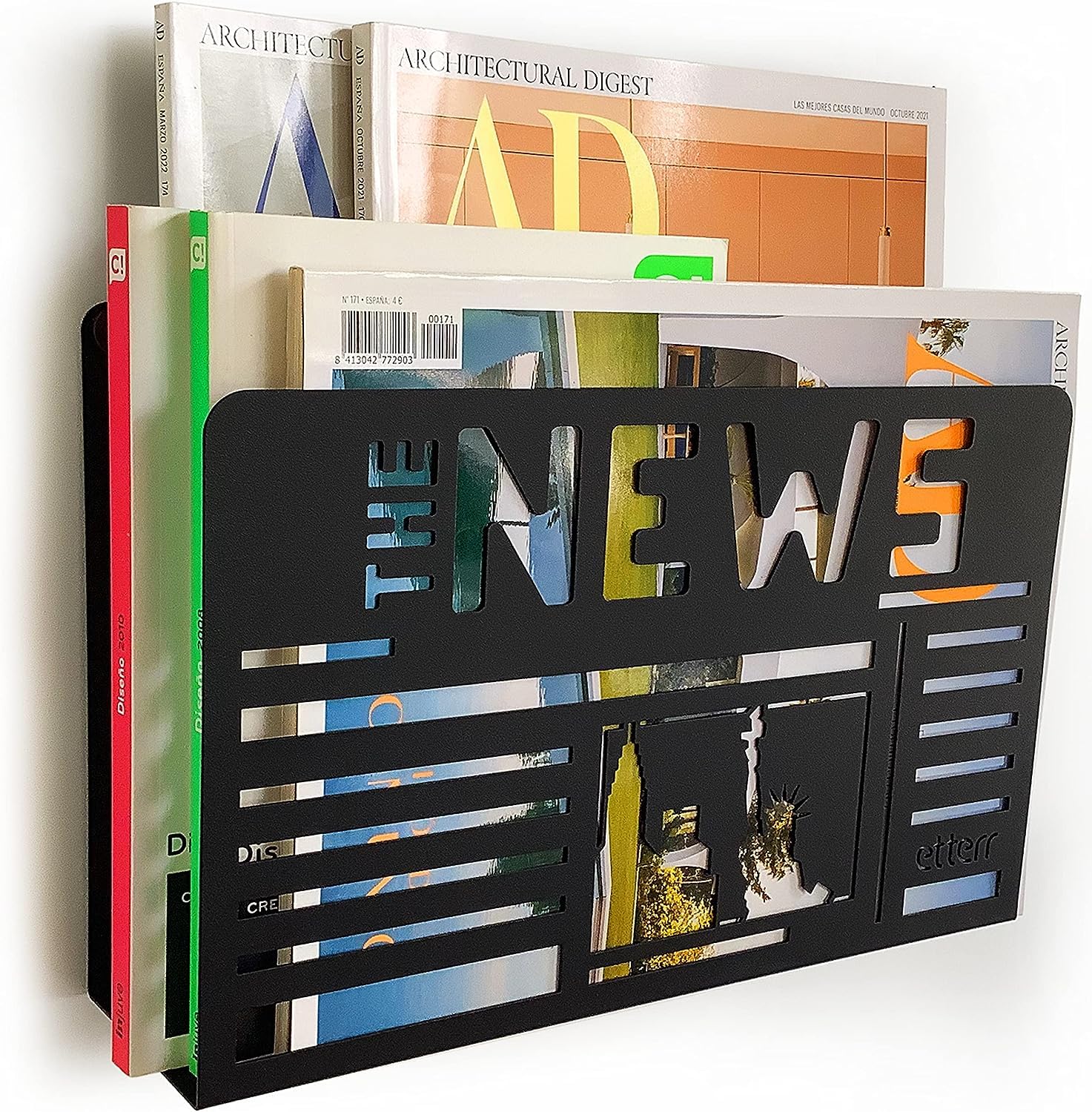 Design Metal Wall Magazine Rack Metal File Organizer (News, Black)