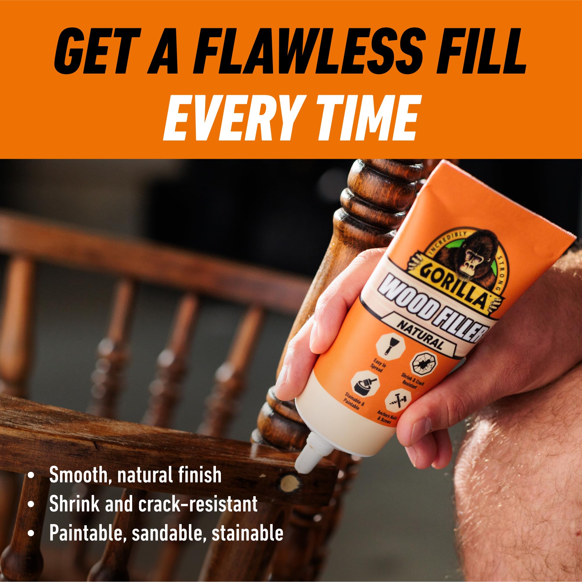 Gorilla All Purpose Wood Filler, Natural Color, 6 Ounce Tube (Pack of 1) - Water Resistant for Indoor or Outdoor Projects and Repairs