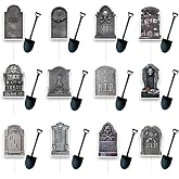 Halloween Cupcake Toppers, 48 PCS Tombstones Graveyard Cupcake Toppers with Mini Shovel Spoons for Halloween Party Decorations, Horror Birthday Decorations, Nightmare Before Christmas Cake Topper