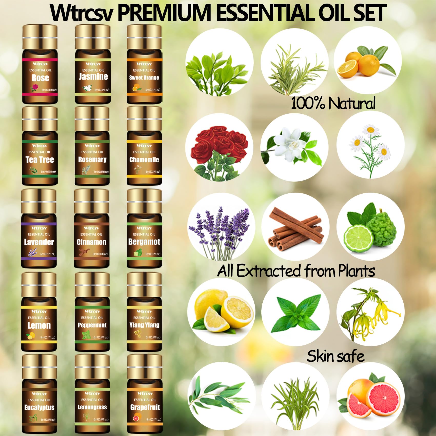 Wtrcsv Essential Oils Set - Top 15 Scents for Diffuser, Humidifier, Home Care, Aromatherapy, Massage, Candle & Soap Making - Nice Gift for Family & Friends