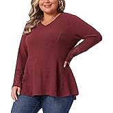 Agnes Orinda Plus Size Waffle Knit Tops for Women V Neck Lace Patchwork Long Sleeve Lightweight Flowy Blouse