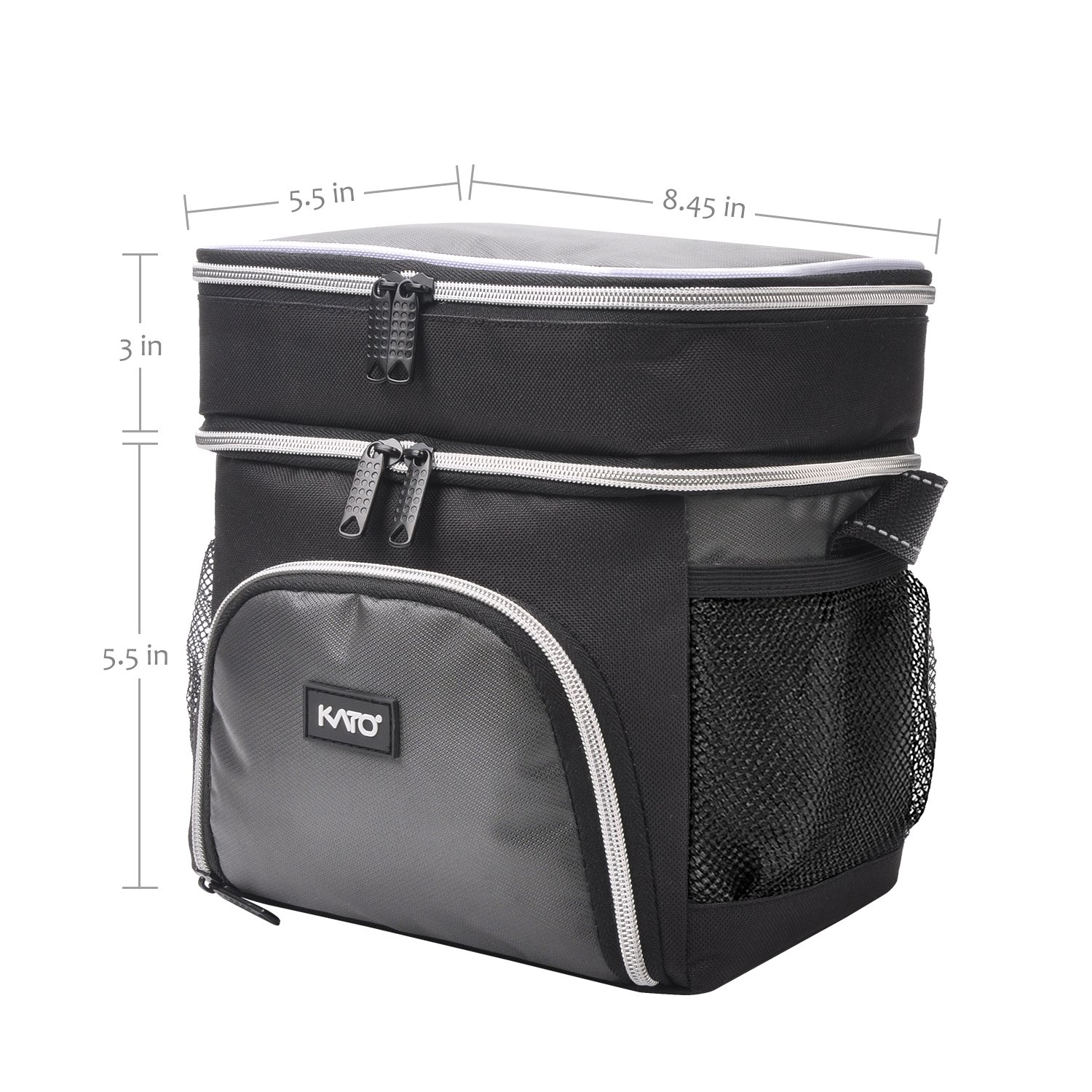 Insulated Lunch Cooler Bag, Kato Adult Dual Compartment Reusable Bento Lunch Box Tote with Shoulder Strap, Grey