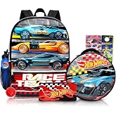 Hot Wheels Backpack with Lunch Box for Boys + Accessories Bundle | 16" Large Racecar Bookbag, Insulated Lunch Bag Plus Water Bottle, Stickers, More - Hot Wheels School Supplies