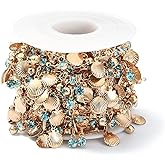 LiQunSweet 5 Meters Blue Rhinestone Brass Chains with Golden Color Shell Shaped Charms for Sunglass Holder Strap DIY Jewelry Making Necklace Bracelet Crafts