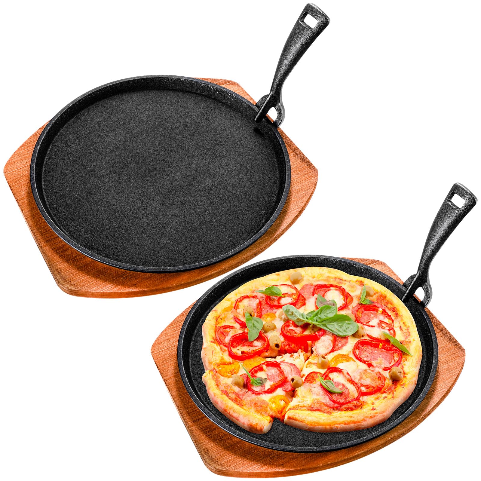 Photo 1 of Mimorou 2 Sets Cast Iron Fajita Plate Set 9.84'' Steak Plate Sizzling Pan with Wooden Base and Gripper for Home Restaurant Kitchen Catering Cooking for Grilling Meats Seafood