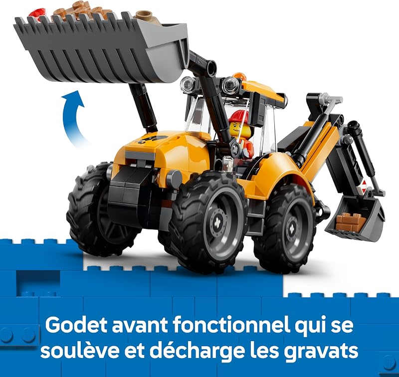 City Le Tractopelle Jaune - Camion Jouet - Véhicule de Construction - Tracteur avec 2 Minifigurines, Godet Fonctionnel Avant & Pelle Arrière - Idée Cadeau d'anniversaire pour Garçon 7 Ans 60480 — photo 3 sur 8