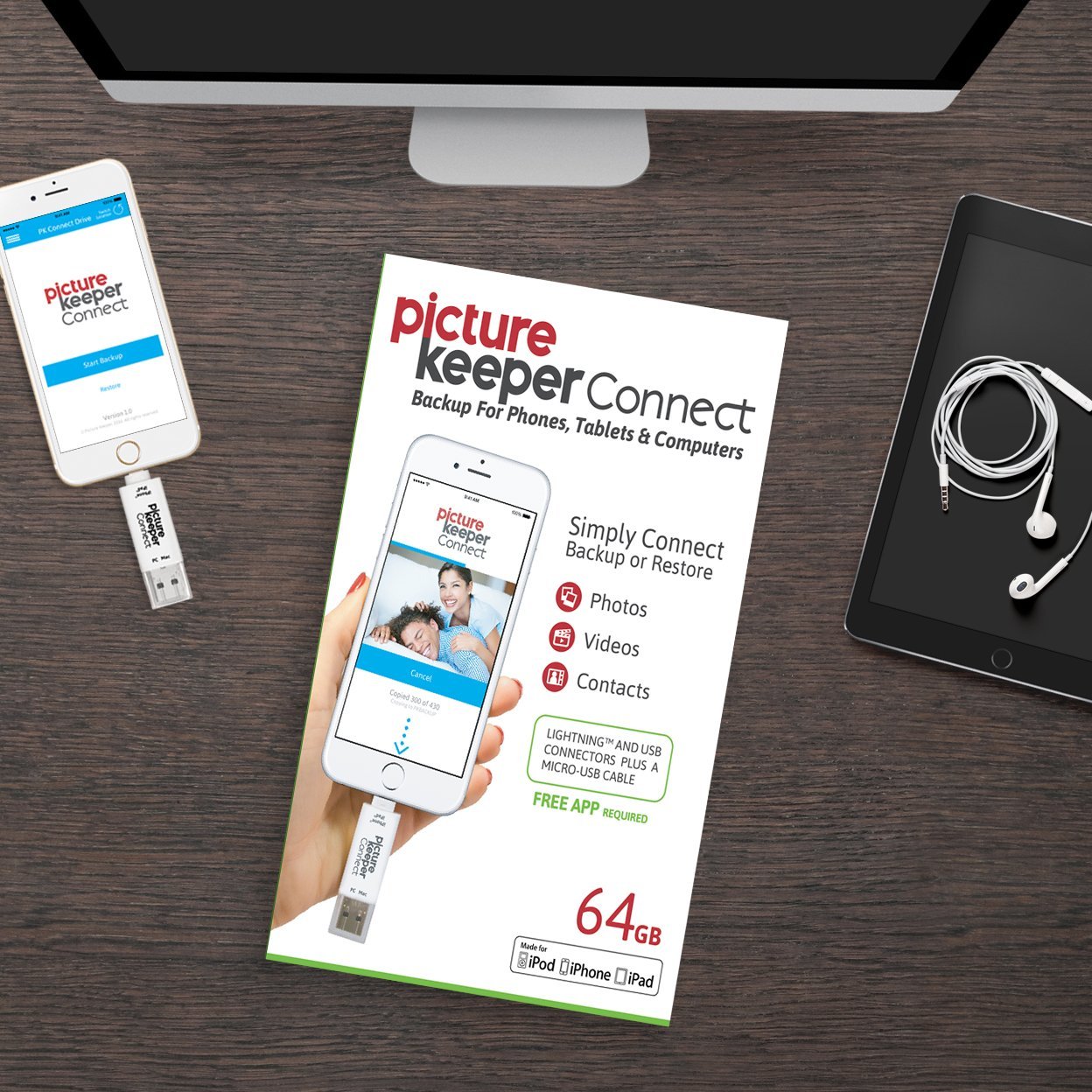 Picture Keeper Connect for iPhone, Android, USB-C, PC & Mac - 64GB USB Backup for Photos, Videos, Contacts, Flash Drive Memory Backup - 64GB, Silver