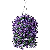 INXUGAO Artificial Flowers with Hanging Basket, Outdoor Faux Plants Silk Morning Glory Vines, Fake Green Arrangement for Garden Patio Spring Summer Decor(Purple)
