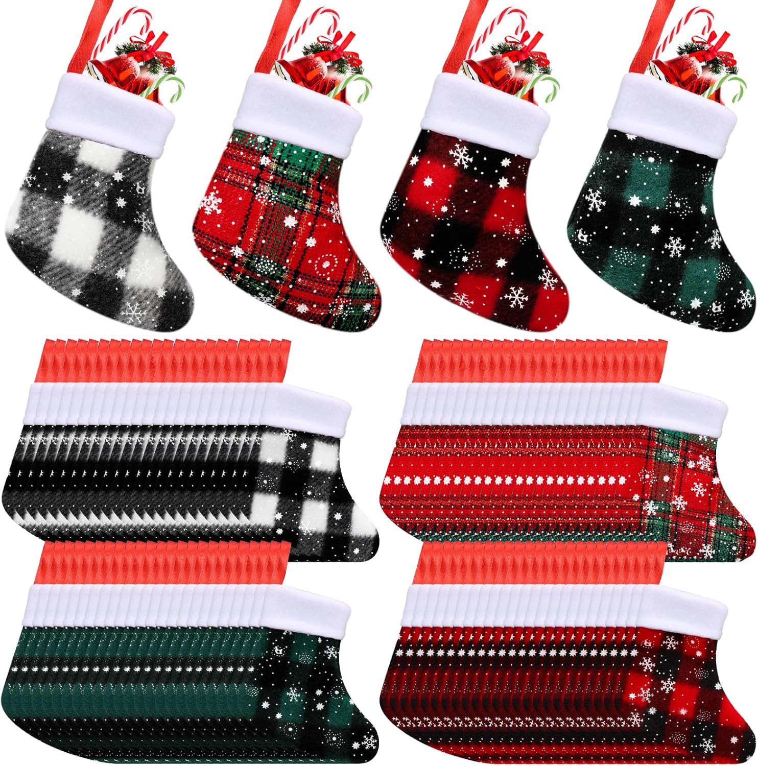 Stockings & Holders - Mini Christmas Stockings Buffalo Plaid Snowflake Stockings with Plush Cuff Christmas Socks Bulk for Christmas Tree Hanging Ornaments Xmas Table Dinnerware Decor (100 Pcs)