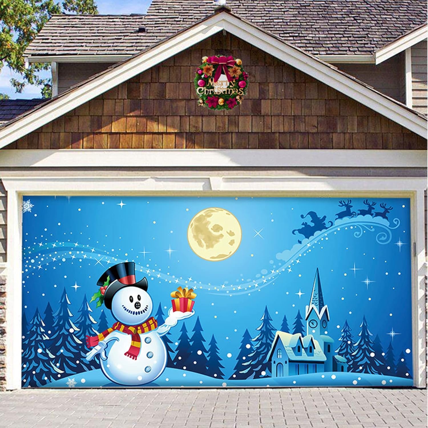 Garage Door Decorations - Fairnull 7 x 16 ft Merry Christmas Holiday Garage Door Banner Cover Outdoor Large Merry Christmas Snowman Santa Banner, Hanging Decor for Xmas New Year Outdoor Wall Background Decoration