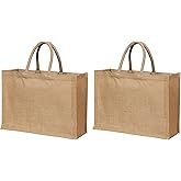 2 Pcs Burlap Tote Bags with Handles, Large 15.8"x11.9"x5.9", Reusable Jute Tote Bridesmaid Gift Bags for Beach, Shopping, Weddings & DIY Crafts by Yogi’s Gift®