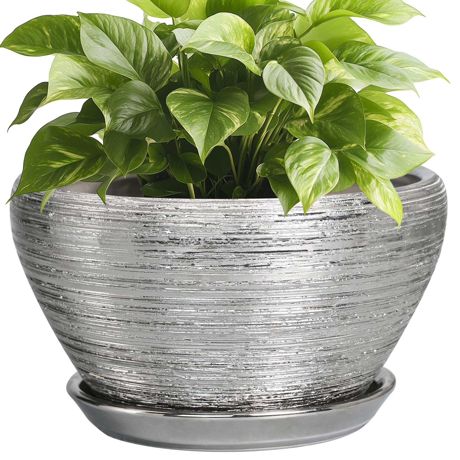 Ceramicfor Pot for Plants 9 Inch - Ceramic Plant Pot Indoor with Drainage Hole and Saucer Round Planter for Indoor Plants Modern Decorative Flower Pot for Home Decor Silver Image