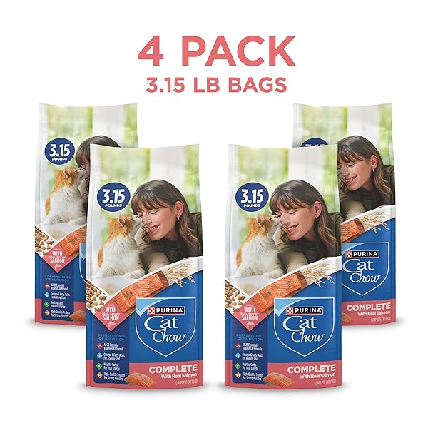 PURINA CAT CHOW COMPLETE HIGH PROTEIN DRY CAT FOOD WITH REAL SALMON – (PACK OF 4) 3.15 LB. BAGS