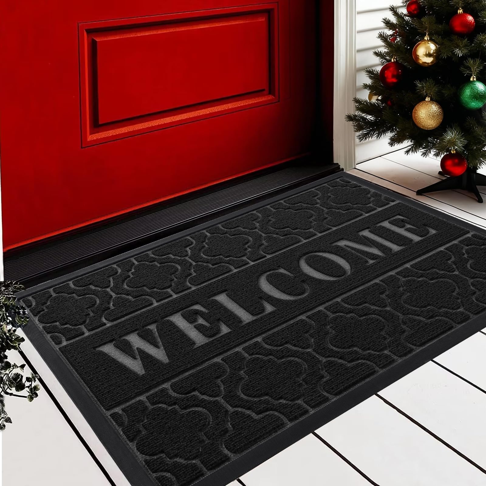 Photo 1 of *Damaged** Yimobra Welcome Mat Outdoor Indoor 29.5x17, All-Weather Waterproof Front Door Mat Outside Entrance, Non-Slip Low Profile Porch Patio Doormat, Black