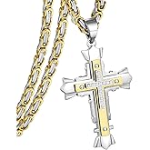 JUNOVUROS Stainless Steel Jesus Christ Cross Pendant Necklace for Men, 20 to 28 In Rolo/Byzantine Chain, 2 Sizes of Religious Jewelry with Silver/Gold/Black