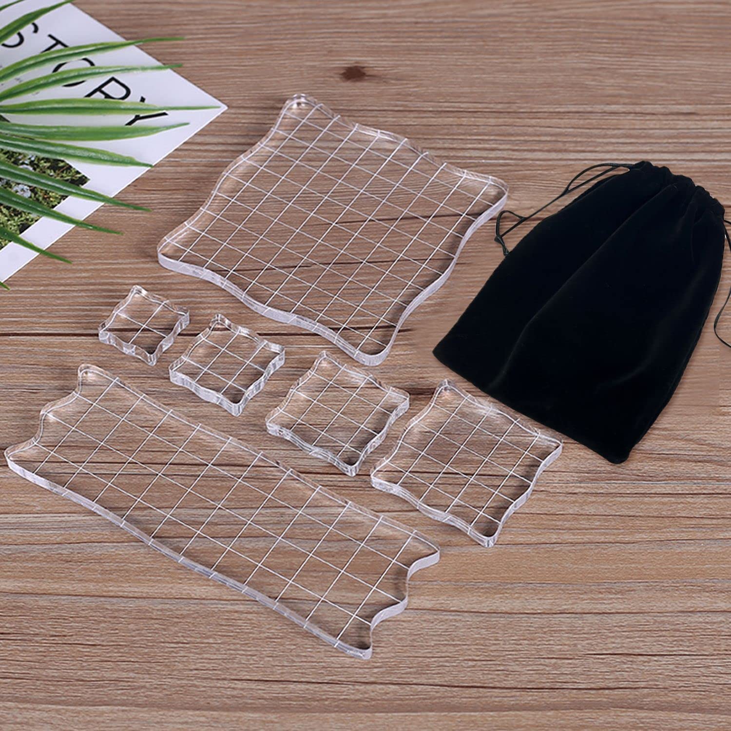CQQNIU 6 Piece Clear Stamp Blocks with Curved Edges Acrylic with Grid Lines Stamp Tool Decorative Stamp Holders for Album Scrapbooking Craft Card Decorations