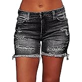 Flamingals Ripped Stretchy Jean Shorts for Women Raw Hem Low Waist Casual Trendy Denim Shorts