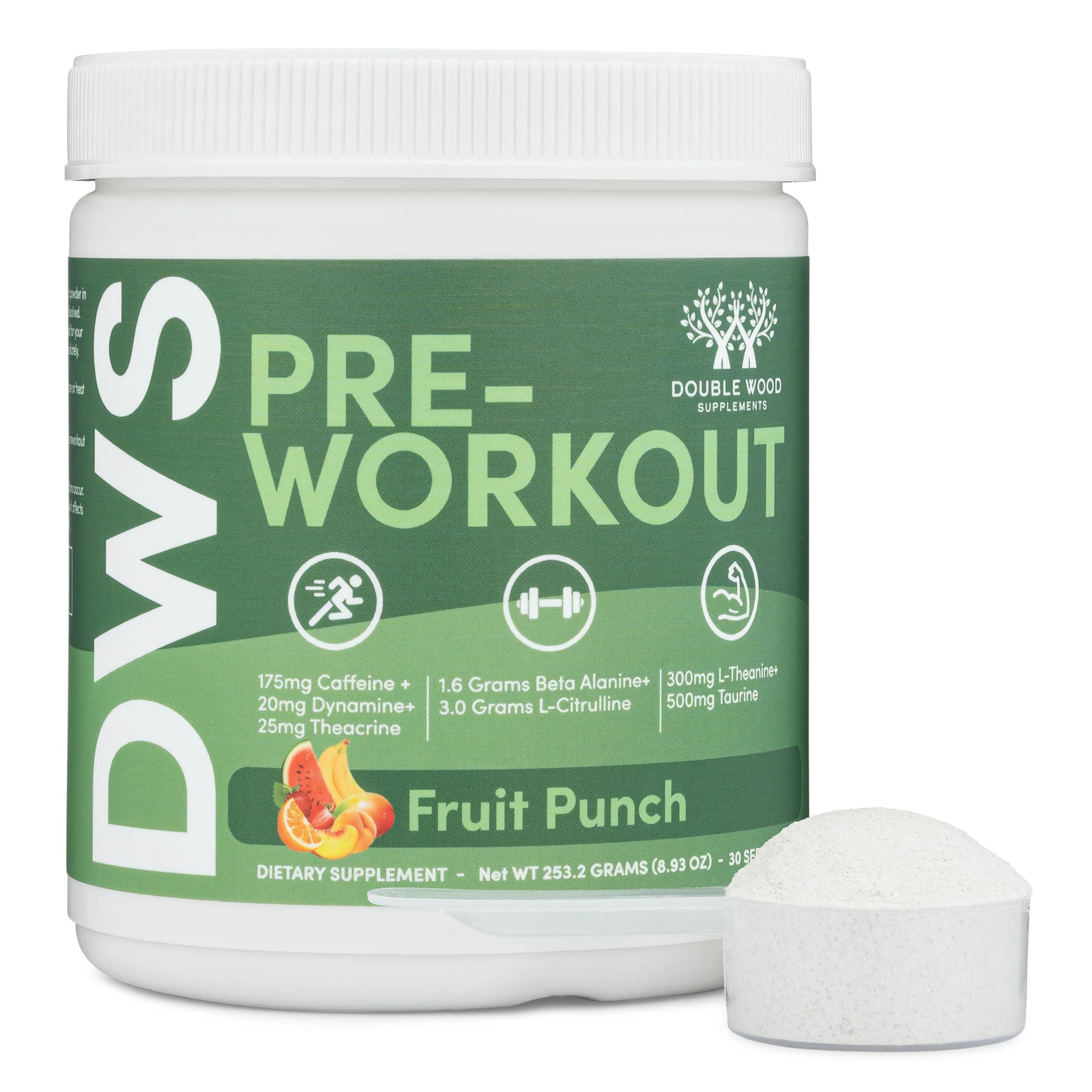 Pre Workout Powder for Men & Women (30 Servings of Caffeine, Beta Alanine, L-Citrulline, Dynamine, L-Theanine, Taurine, Theacrine, & More) Preworkout Powder with Scoop by Double Wood (Fruit Punch)