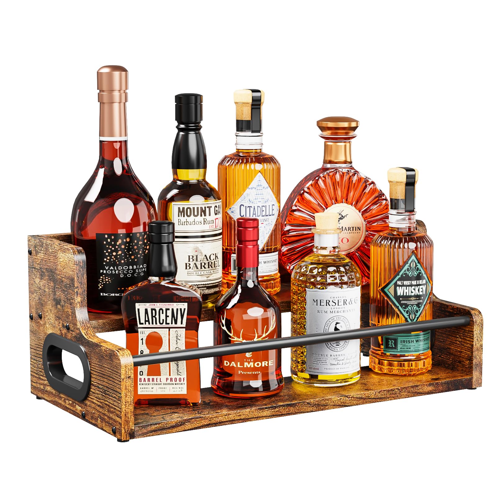 Photo 1 of KLM Liquor Bottle Display Shelf, Coffee Syrup Rack Organizer, 2 Step Countertop Liquor Wine Rack, mini bar,Liquor Cabinet, Home Retro Bar Shelf Stand for Liquor Whiskey, Spirits, Brown