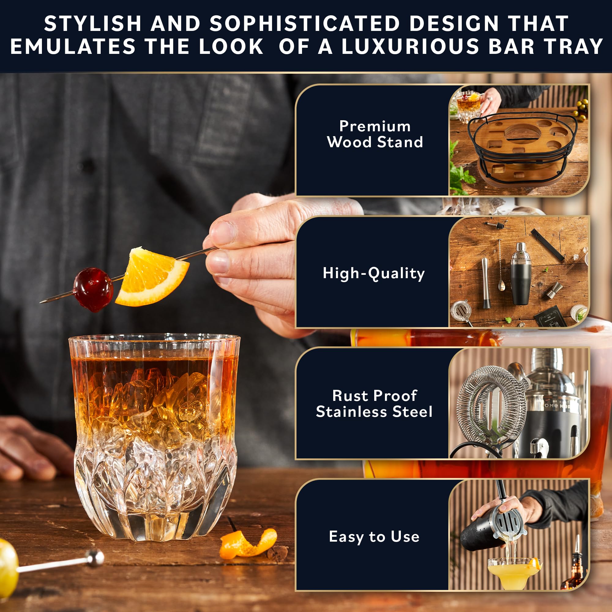 Home Hero Elegant 10-Piece Bartender Kit with Wooden Stand, Premium Bar Set & Cocktail Shaker, Gift for Home Bar and Cocktail Enthusiasts, Essential Bar Accessories w/Recipe Book (10Pcs-Black/Silver) - Image 5