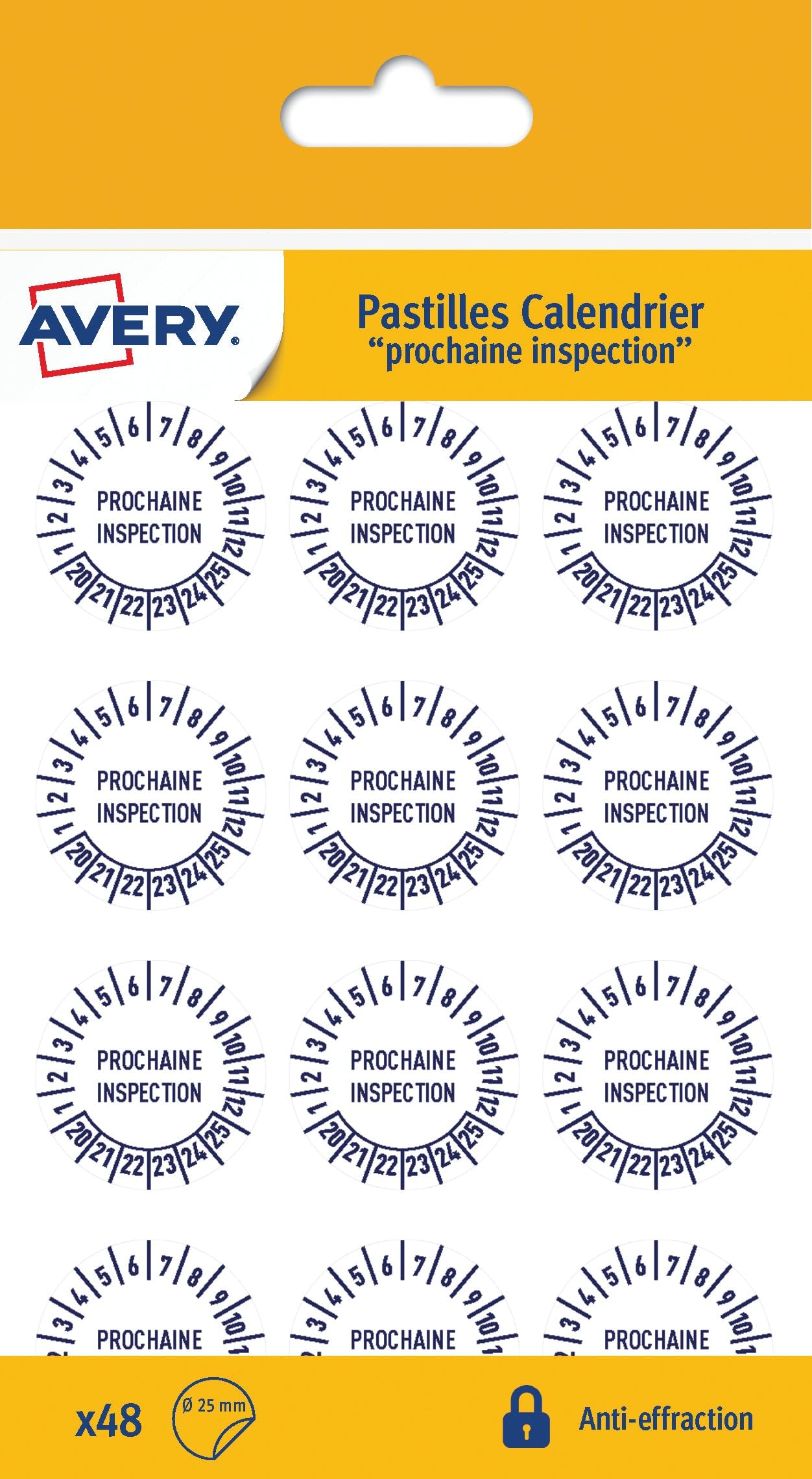 Avery - Pack of 48 "Next Inspection" Tablets + 12 Months + 20 to 25 Years, Ultra-Resistant Anti-Burglary Material, 25 mm Diameter (VAL25NP)