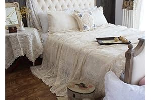 ABREEZE Vintage Cotton Bedding Set Hand Crochet Bedspread Hook Floral Beige Lace Bed Spread with Pillowcases 3Pcs,Queen