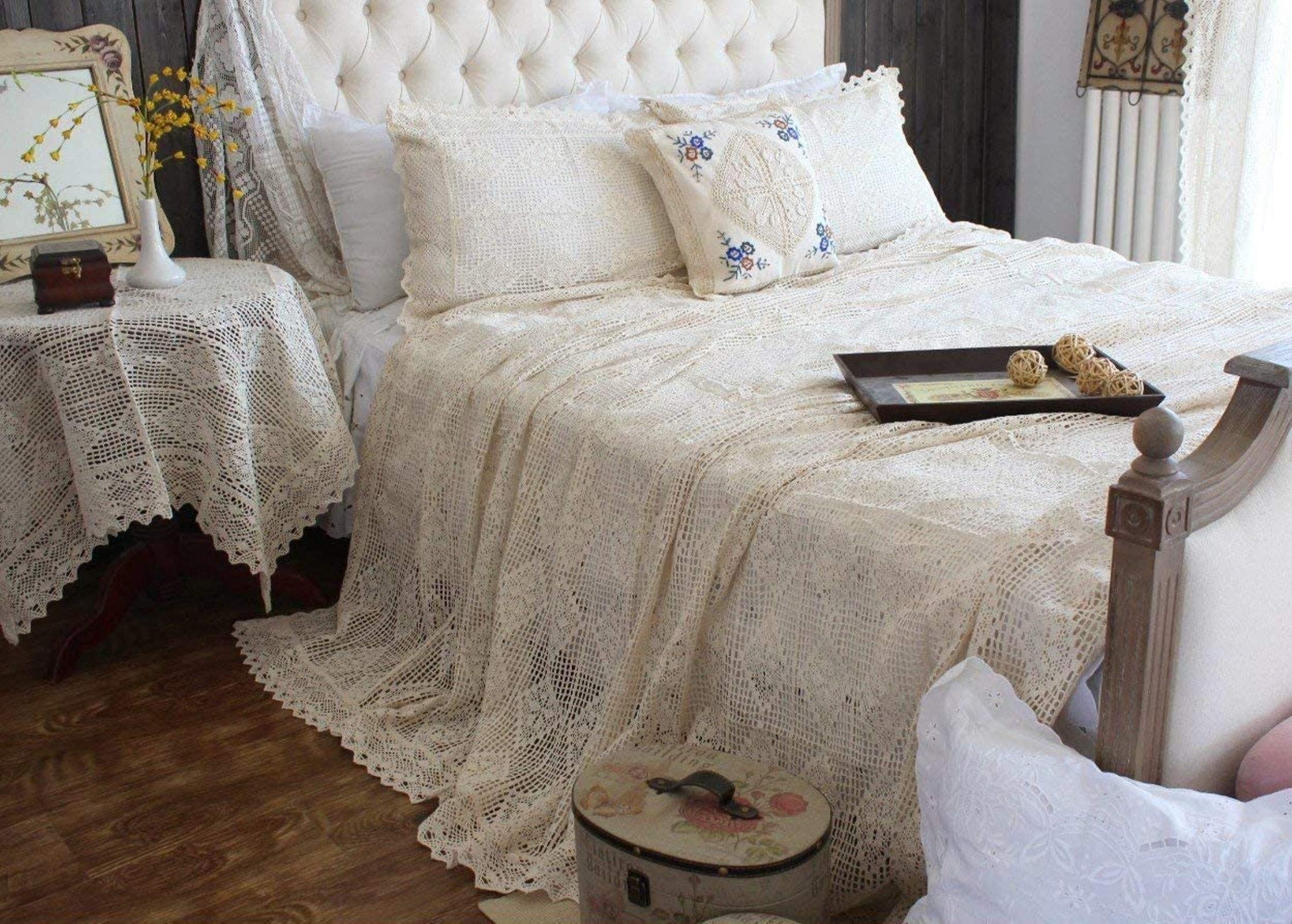 Photo 1 of ABREEZE Vintage Cotton Bedding Set Hand Crochet Bedspread Hook Floral Beige Lace Bed Spread with Pillowcases 3Pcs,King