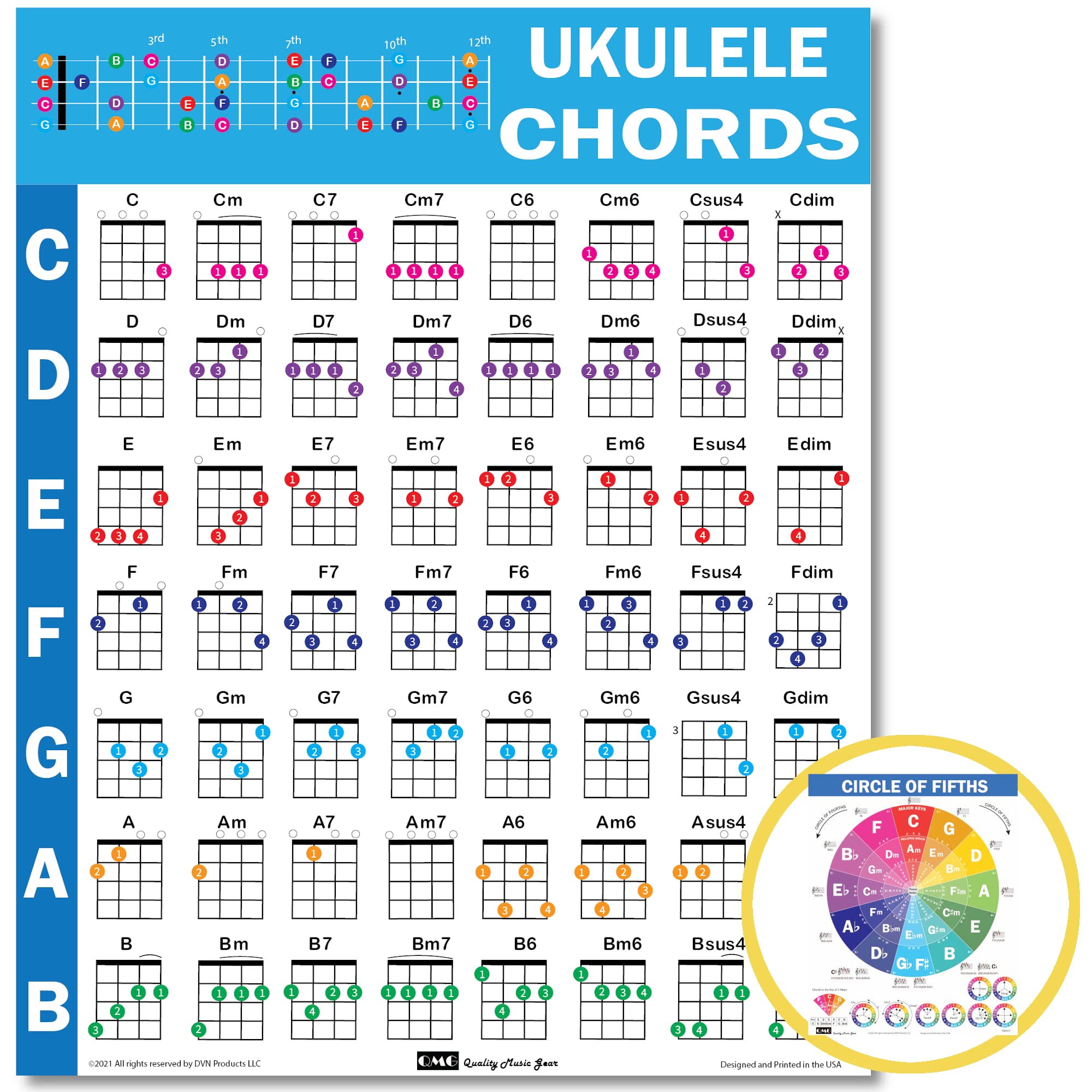 Photo 1 of QMG Ukulele Chords Cheatsheet – Laminated A4 Music Theory Chart with Circle of Fifths for Beginners