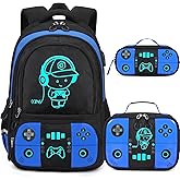 Bevalsa Backpack for School Boys, Cool Luminous Gamer Boys Backpack with Lunch Box & Pencil Pouch Set for Kids Children Teens Elementary Middle Schools, Schoolbag Bookbag Glow In The Dark (Blue)