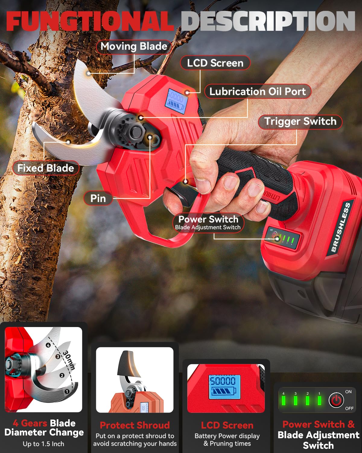 Condition photo showing As Is for cerycose cordless electric pruning shears compatible with milwaukee 18v battery, 0.8-2-inch cordless portable pole pruner with lcd display & imported sk7 steel blades for gardening shears(tool only) red