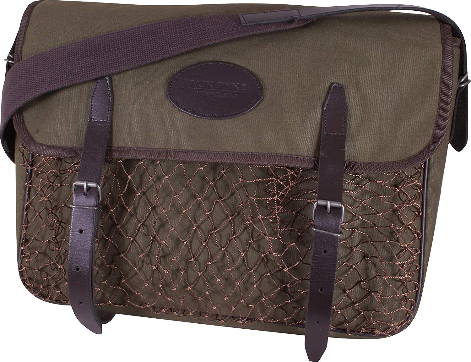 JACK PYKE Heavy Cotton Canvas Game Bag – Hunting Shoulder Bag with Leather Straps, Buckle Fastening, Washable Lining & Net Front Pouch – Durable Shooting & Game Carry Bag for Outdoor Use - Green