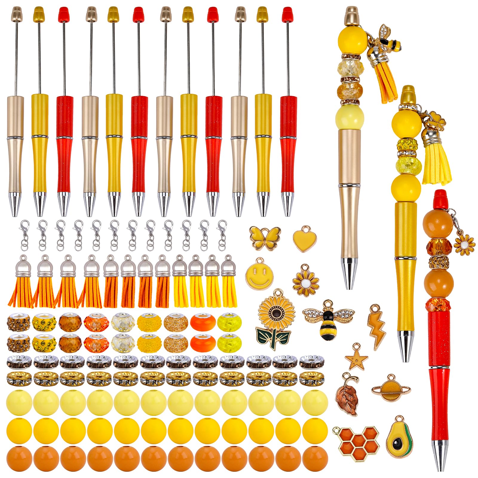WEWAYSMILE 12 Pcs Beadable Pens Bead Pens with Assorted Bead Colorful Pendant DIY Craft Kits Black Ink Bead Pen for Office School Gift Supply (Yellow)