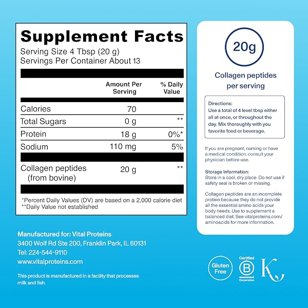 VITAL PROTEINS COLLAGEN PEPTIDES POWDER – SUPPORTS HAIR, NAIL, SKIN, BONE & JOINT HEALTH, UNFLAVORED, COLLAGEN PROTEIN 9.33 OZ