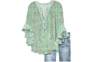Summer Tops for Women Ruffle 3/4 Sleeve Shirts Boho Button Down Henley Tshirt Loose Floral Print Dressy Tunic Blouse