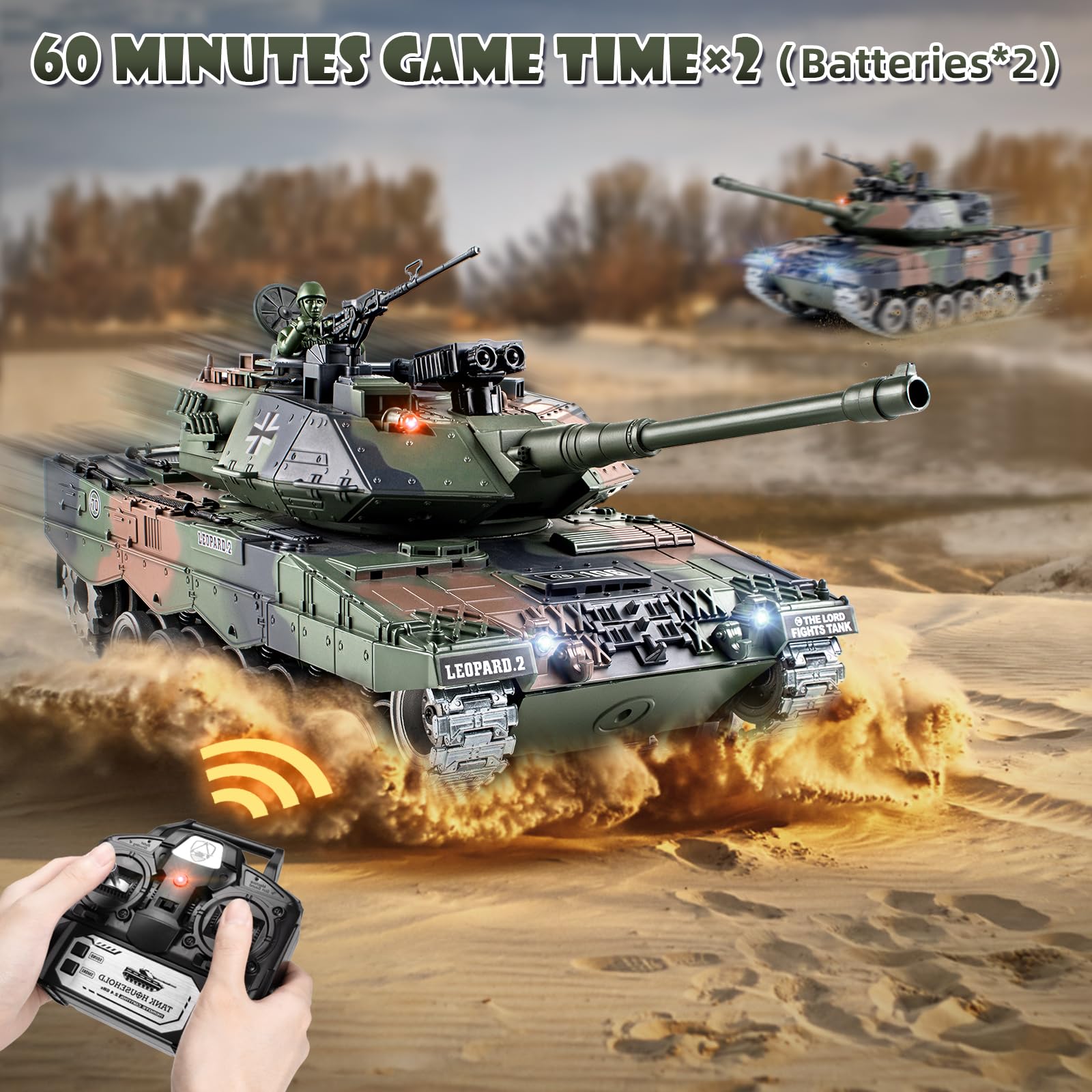 Supdex 1:18 RC Tank, 2.4Ghz Metal German Leopard II Remote Control Model Toys, RC Vehicle Military Tank That Shoots BBS and Water Bombs, Army Toy for Adults and Kids with Smoke, Lights, Sound, Recoil