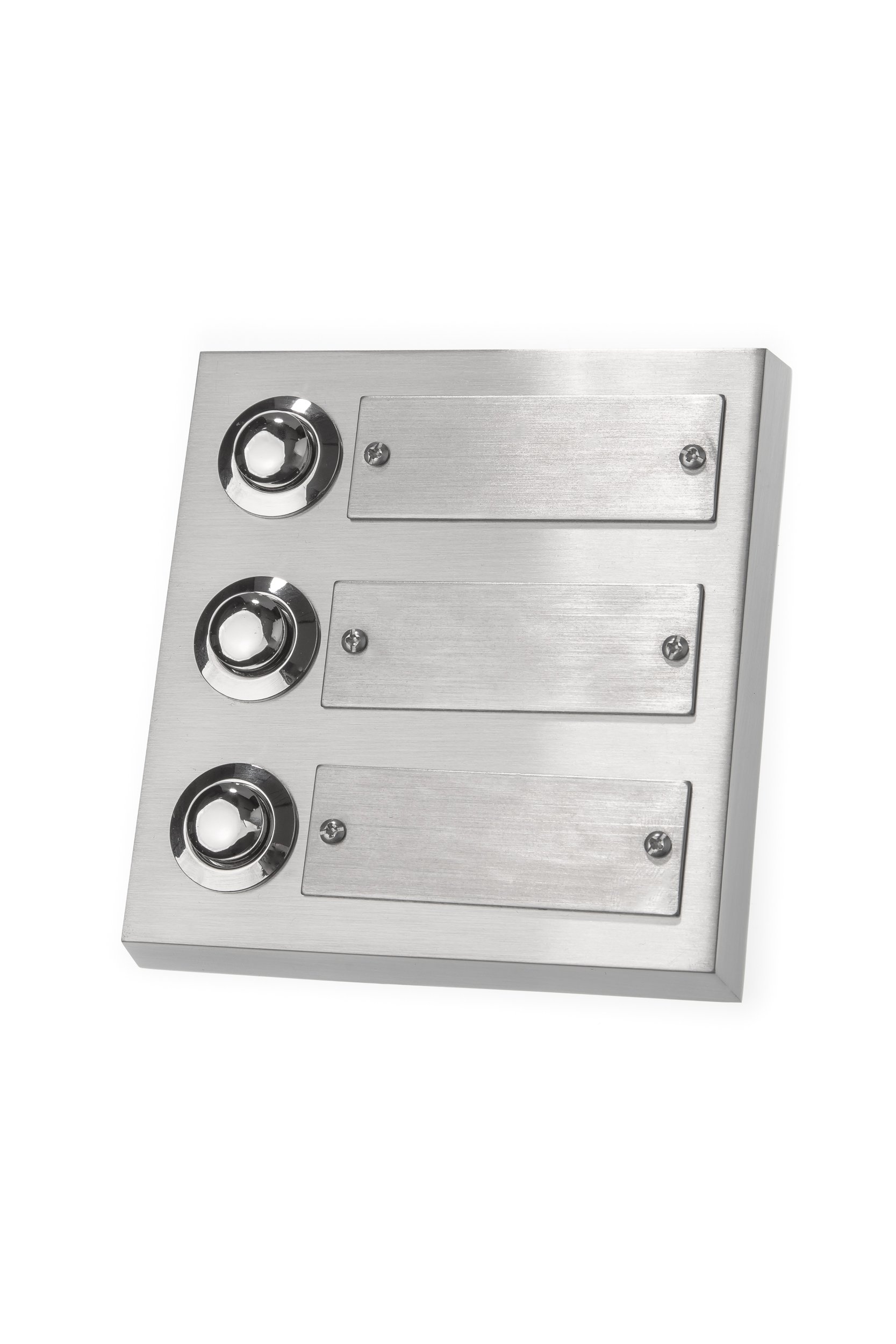 HUBER Surface-Mounted 3-Way Real Metal Doorbell Push Button with Name Plate - Chrome-Plated Brass - Weather-Resistant Zinc - Stainless Steel - Small - 24V 2A