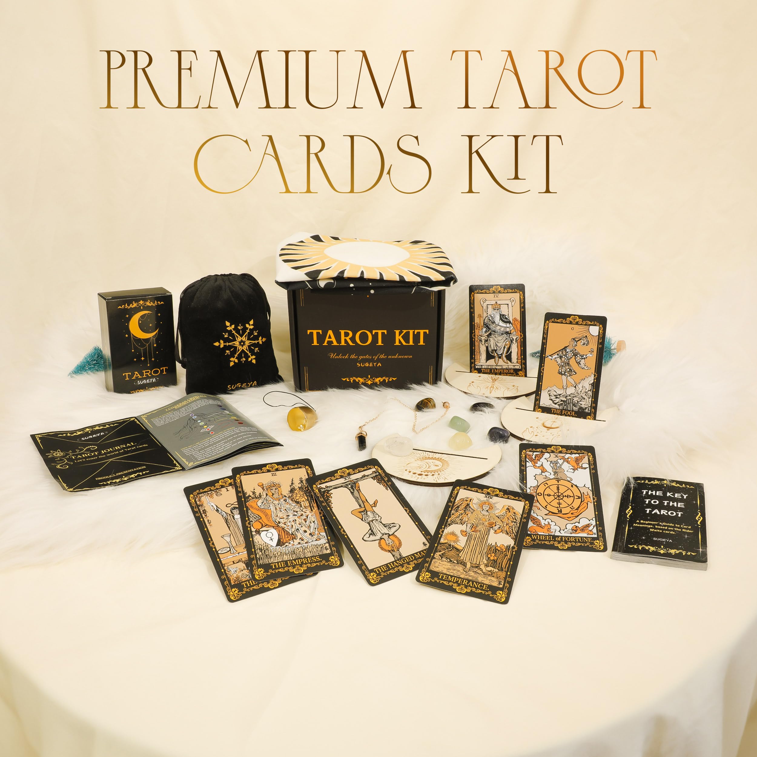 Tarot Cards with Guide Book, 78 Black Tarot Deck Set with Table Cloth, Chakra Stones, Velvet Bag and More, Classic Tarot Cards for Beginners Kit, Fortune Telling Game