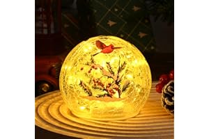 Yinhua Lighted Christmas Decorations Indoor, 4" Cardinal Bird Crackle Glass Balls, Light Up Christmas Globe Light with Timer, Xmas Centerpieces for Tables Mantel Fireplace Living Room Gift