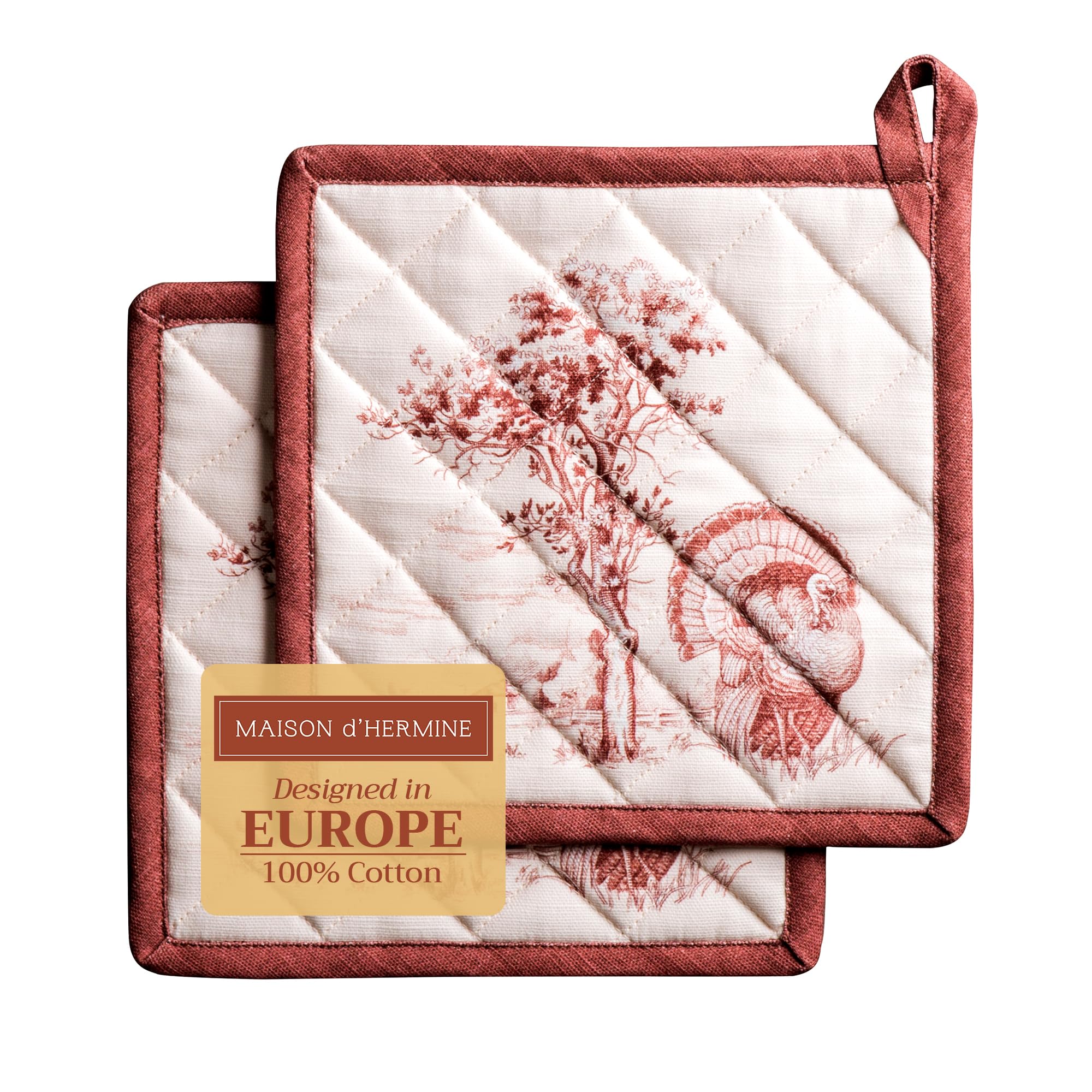 Maison d' Hermine Pot Holders Set 100% Cotton Heat Resistant Potholders 20 cm x 20 cm Hot Pads with Loop for Christmas Decorations BBQ Cooking Baking Handling Hot Pans (Pack of 2, Holy Jouy - Brown)