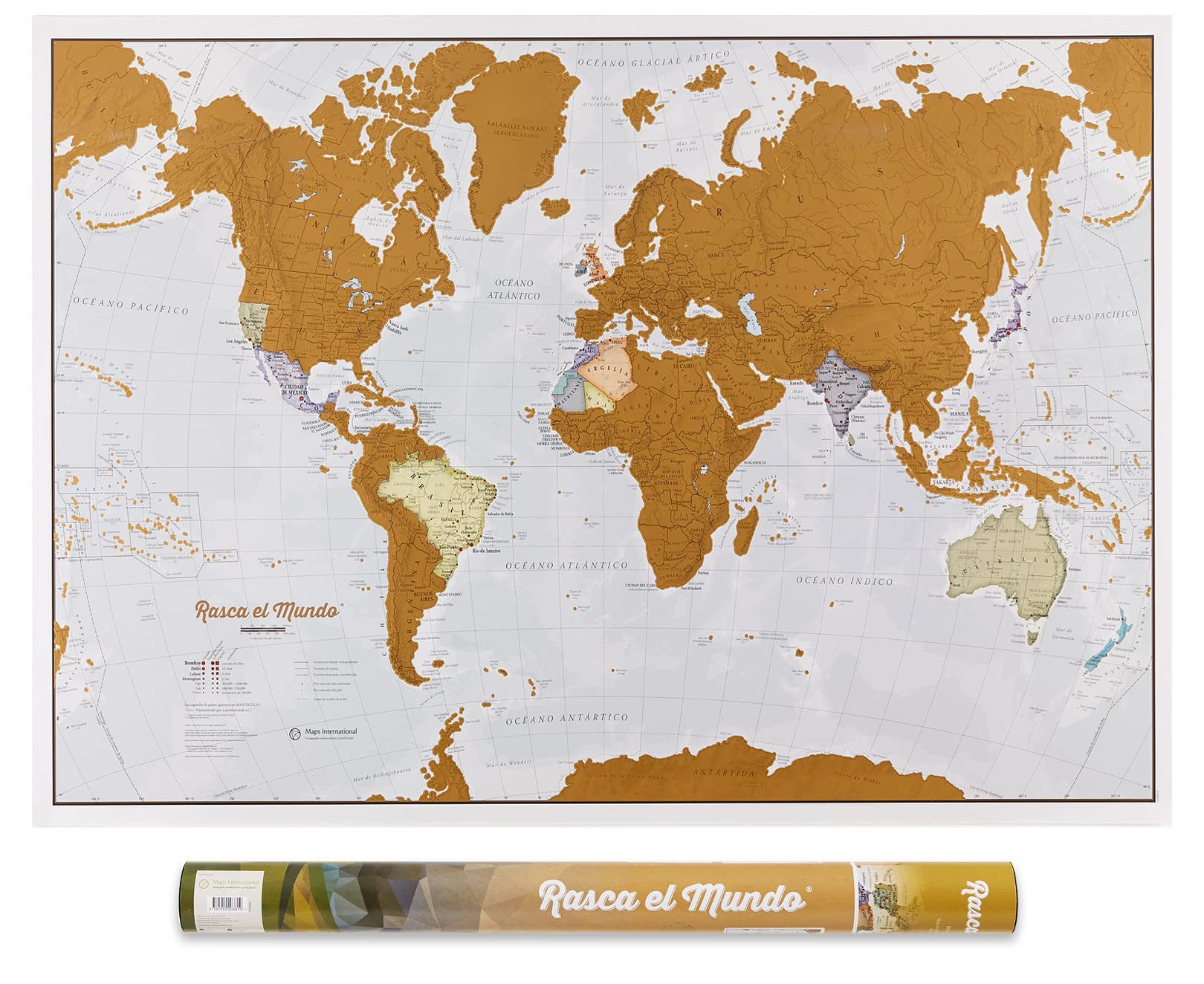 Scratch the World® - Spanish text - map poster scratch off places you travel - cartographic detail - 84. 1 cm (w) x 59. 4 (h) cm - with gift tube