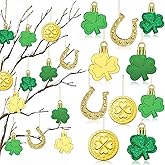 36PCS St Patricks Day Decorations Shamrock Ornaments, 6 Styles Glossy & Glitter Clover Baubles with Gold String for Irish Party, Spring Tree, Home & Office Decor